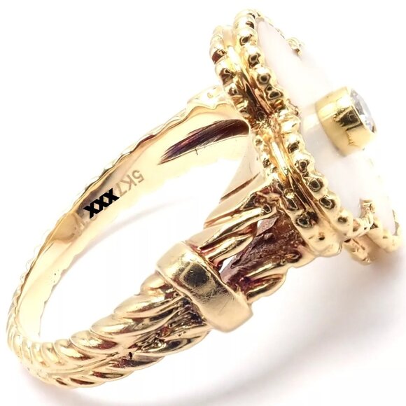 Van Cleef & Arpels Vintage Alhambra 18k Yellow Gold Diamond White Coral Ring - Picture 2 of 9